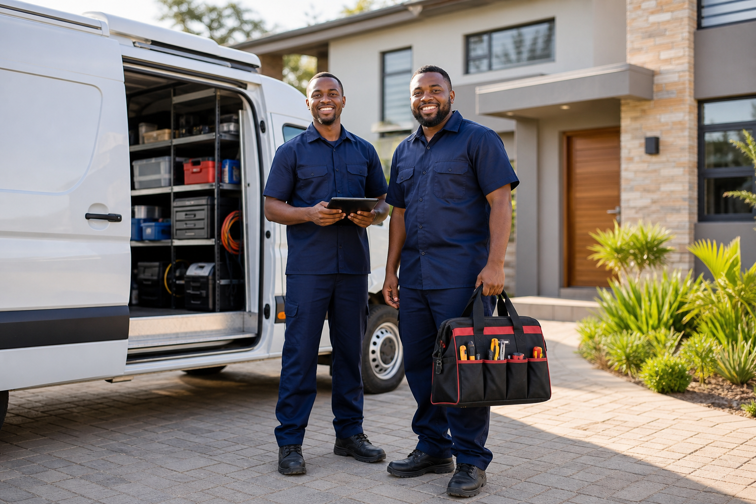 Two Black professional appliance repair technicians standing beside an organized service van